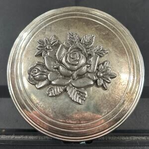 Rose Decoration Silver Plated Round Box Red Velvet Lining Daveco Silver Co